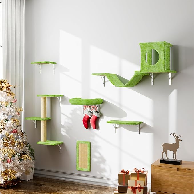 NUNU LAB Wall Mounted Cat Climber Set, 6 Pcs Cat Furniture Set with House, Bridge, Steps, Scratcher Board and Hammock, Shelves for Indoor, Luxury Walls Furniture(Green)