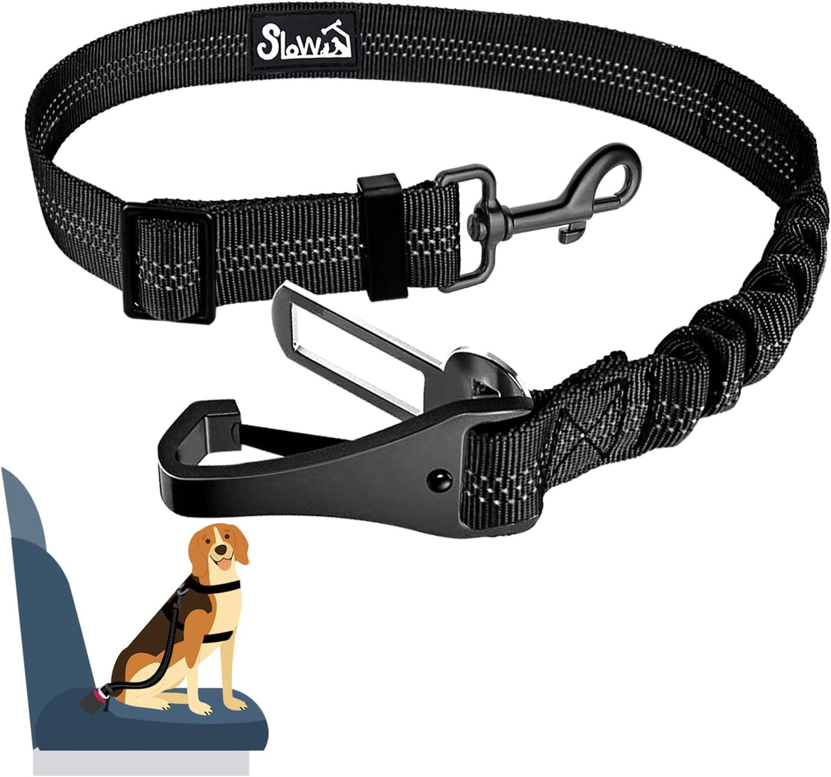 SlowTon Dog Seat Belt, Adjustable Dog Safety Belt Leash, 2 in 1 Latch Bar Attachment Dogs Car Seatbelt with Elastic Nylon Bungee Buffer, Reflective Nylon Belt Tether Connect to Dog Harness(B,35.5in)
