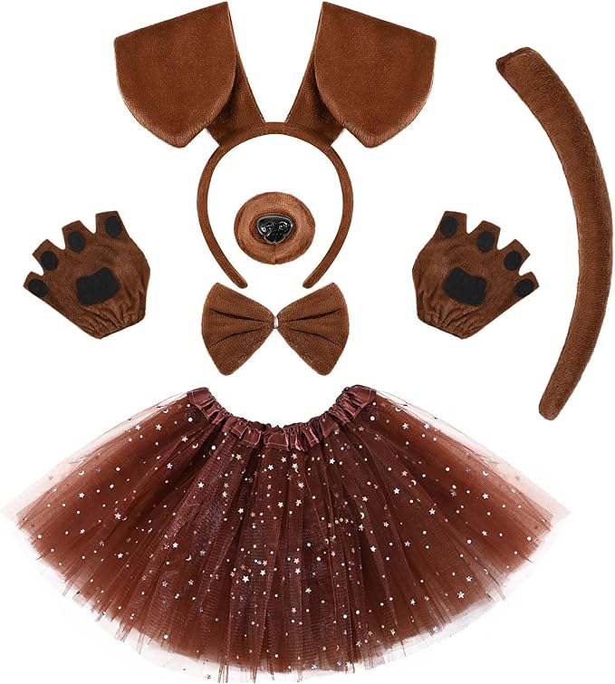 6 Pcs Puppy Costume for Women Include Dog Ears Headband,Bow Tie Tail Nose Paw Gloves and Tutu Skirt for Halloween