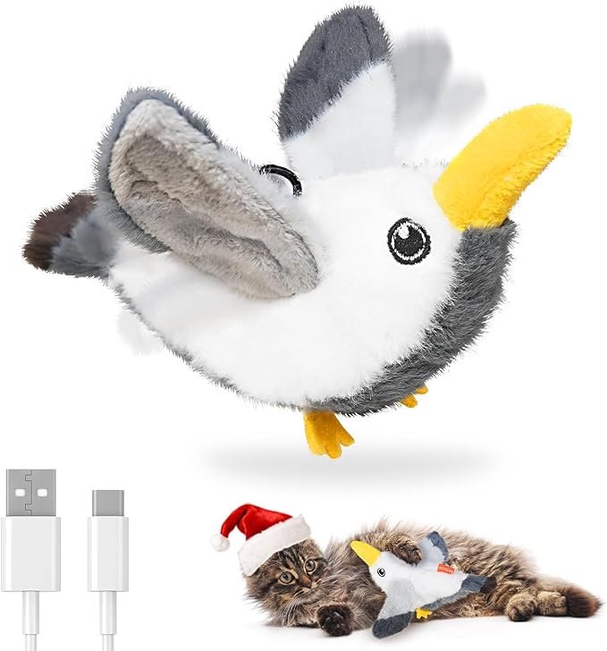Petbobi Flapping Bird Cat Toys - Interactive Cat Toy with Flapping Wings(No-Flying) and Chirp Tweet, Rechargeable Motion-Activated Catnip Seagull Toys for All Breeds Kittens