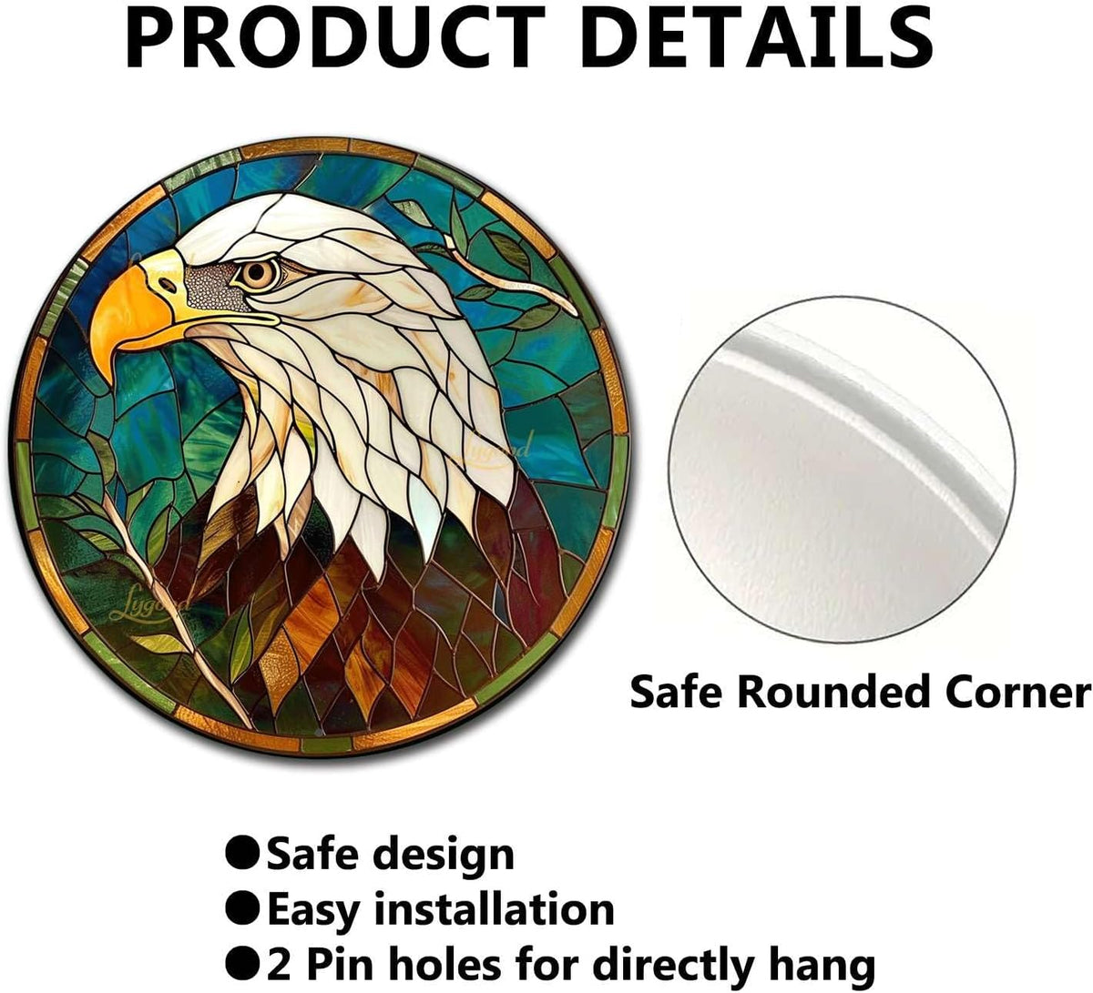 Lygond Metal Sign Tin Sign Circular Stained Glass Bald Eagle Kitty Decor for Club 12×12 Inches