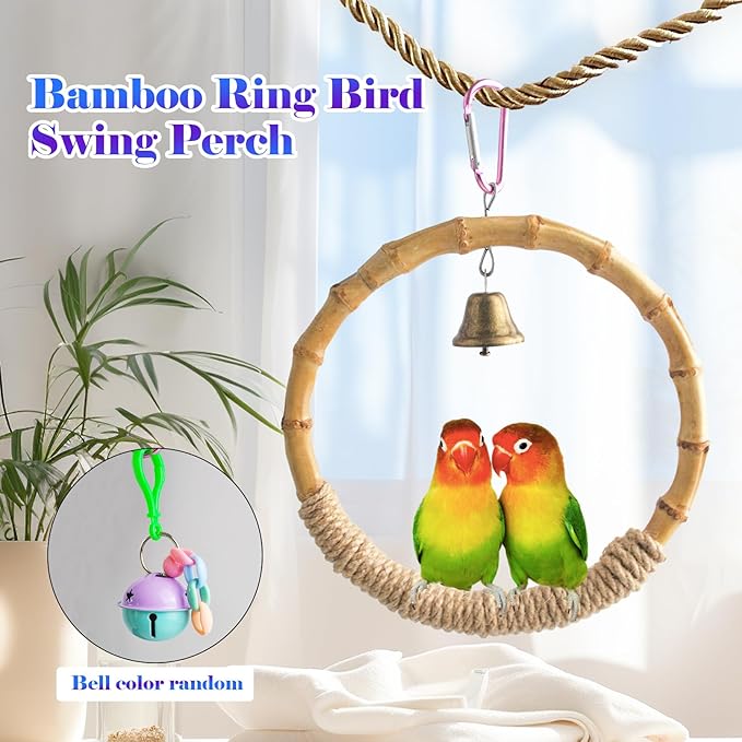 Bamboo Ring Bird Swing Perch,Large Circle Cage Hanging Toys,Bird Perch Climbing Toy Steady Natural Birds Hemp Rope Swings for Budgie,Cockatiels,Conures,Finches,Small Parakeets