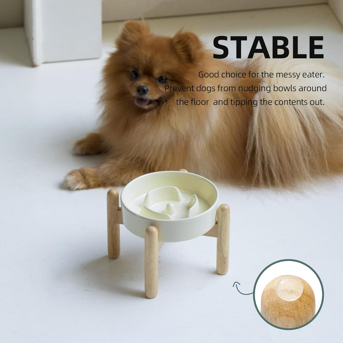6.1inch Ceramic Raised Dog Slow Feeder Set, Elevated Bowl with Wooden Stand for Small Dog and Cat, Puzzle Slow Dog Food Dish, Anti-Gulping(Beige, Single Bowl+ Stand)