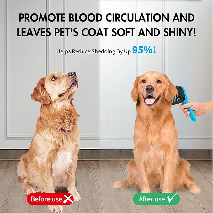 Dog Self Cleaning Slicker Brush for Shedding, Ideal for Short Long Haired Dogs, Including Cat. Removes Loose Fur, Undercoat, Mats, Tangled Hair. Suit for Large Medium Small Animal. Blue