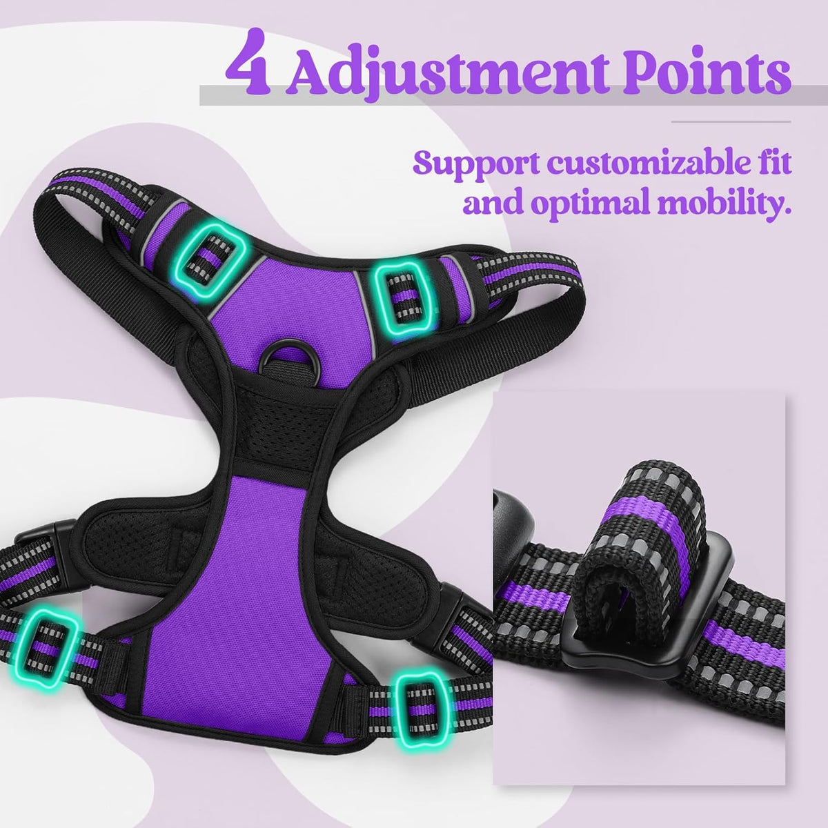 rabbitgoo Dog Harness, No-Pull Pet Harness with 2 Leash Clips, Adjustable Soft Padded Dog Vest, Reflective No-Choke Pet Oxford Vest with Easy Control Handle for Large Dogs, Purple, L