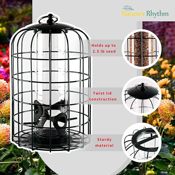 Nature's Rhythm Outdoor Hanging Bird Feeder Cage PC Tube Squirrel Proof Wild Bird Feeder with Large Metal Seed Guard Deterrent