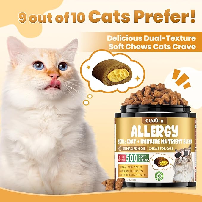 Cat Allergy Relief for Cats, Crunchy & Creamy Chews for Immune & Skin Coat Support – Seasonal Allergies, Itching Relief, Omega 3 & Probiotic Natural Supplement for Cats, Chicken Flavor – 500 Chews
