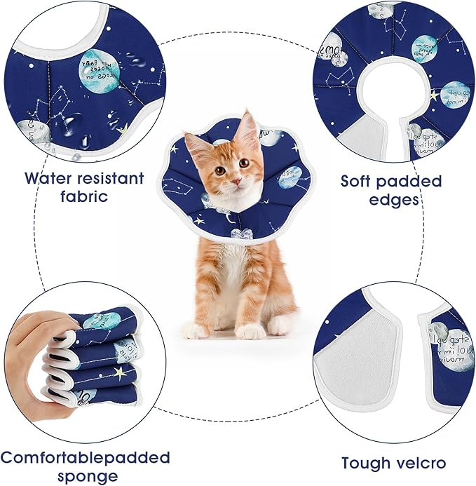 Cobee Soft Cat Cone Collar, Protective Cute Small Cat Recovery Collar Adjustable Fasteners Collars for Kittens Cats E-Collars After Surgery Wound Healing, Fit 6.3"-9" Neck Circumference(Constellation)