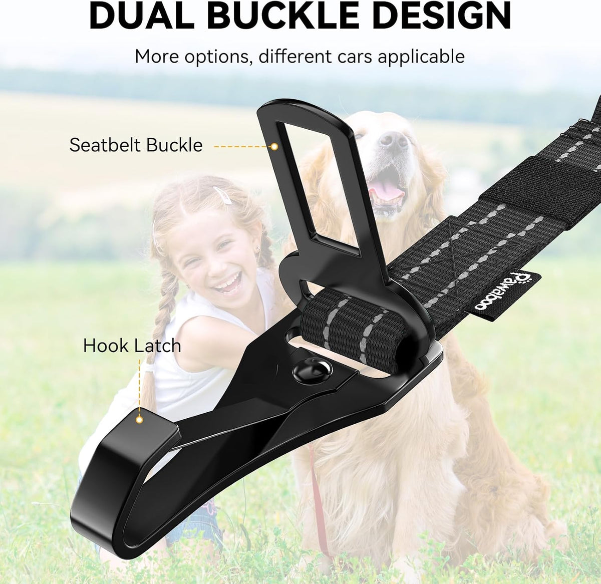 Pawaboo 2Pack Dog Seatbelt for Car, 3-in-1 Dog Car Seat Belt Bungee,Shockproof Dogs Tether for Car with Buckle & Hook Latch, Adjustable Reflective Dog Car Harness Leash with 360° Lockable Buckle,Black