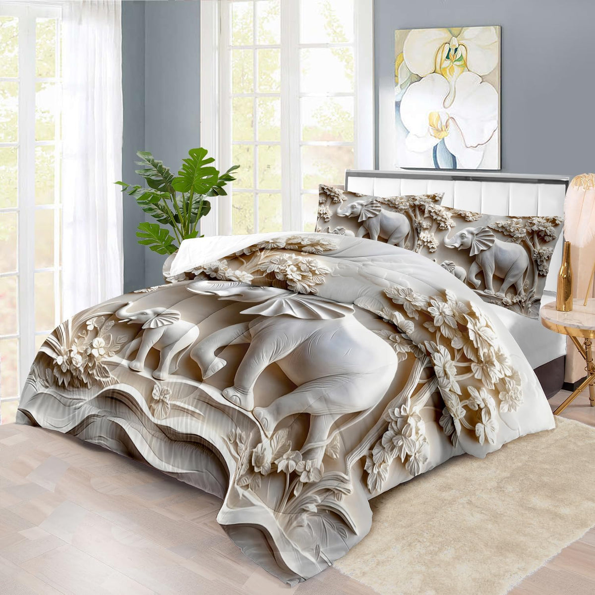 Elephant Comforter Set Queen Adult, White Animal Bedding Set Queen for Man, Cute Animal Comforter for Kids,Elephant Quilt Pattern White Bedroom Decor Womens, Relief Bedding