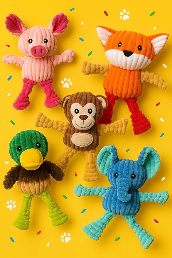Jalousie Plush Toys Assortment Value Bundle Puppy Pet Mutt Squeak Toy for Medium Large Dogs (5 Pack Knotted)