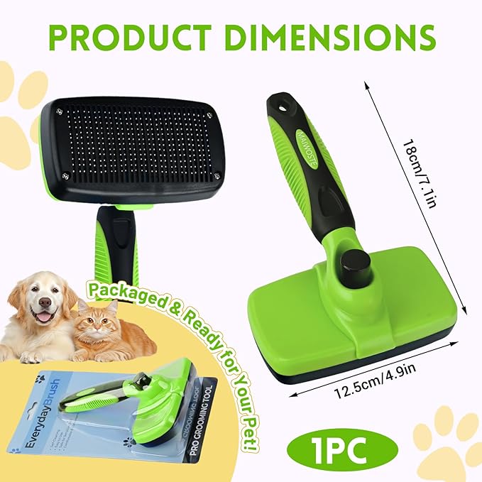 Large Self Cleaning Deshedding Brush for Dogs & Cats - One Button Hair Release Grooming Tool, Gentle Massage Brush for Long and Short Hair (Green)