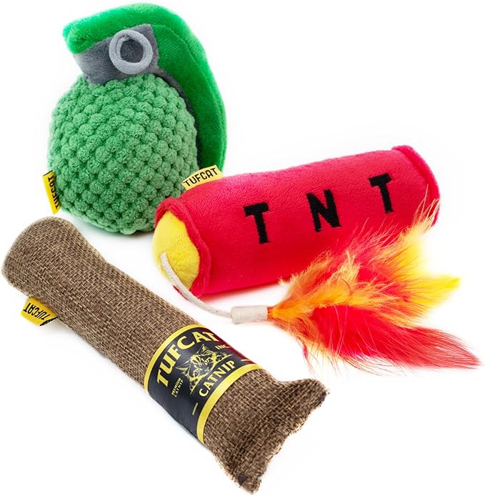 Cat Toy Grenade TNT and Cigar, Cat Toys for Indoor Cats, Kitten Toys, Catnip Toys for Cats of All Breeds, Action Themed Fun for Kicking, Biting, Chewing (Grenade, TNT, & Cigar, 3-Pack)