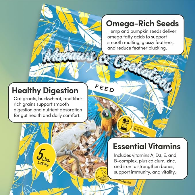 Mycelium Organic Macaw & Cockatoo Feed (5 LB Bag) | Organic Bird Seed for Large Pet Birds| High-Protein Seed, Pellet & Kibble Mix with Vitamins | Supports Digestion & Energy | USA-Made & Non-GMO