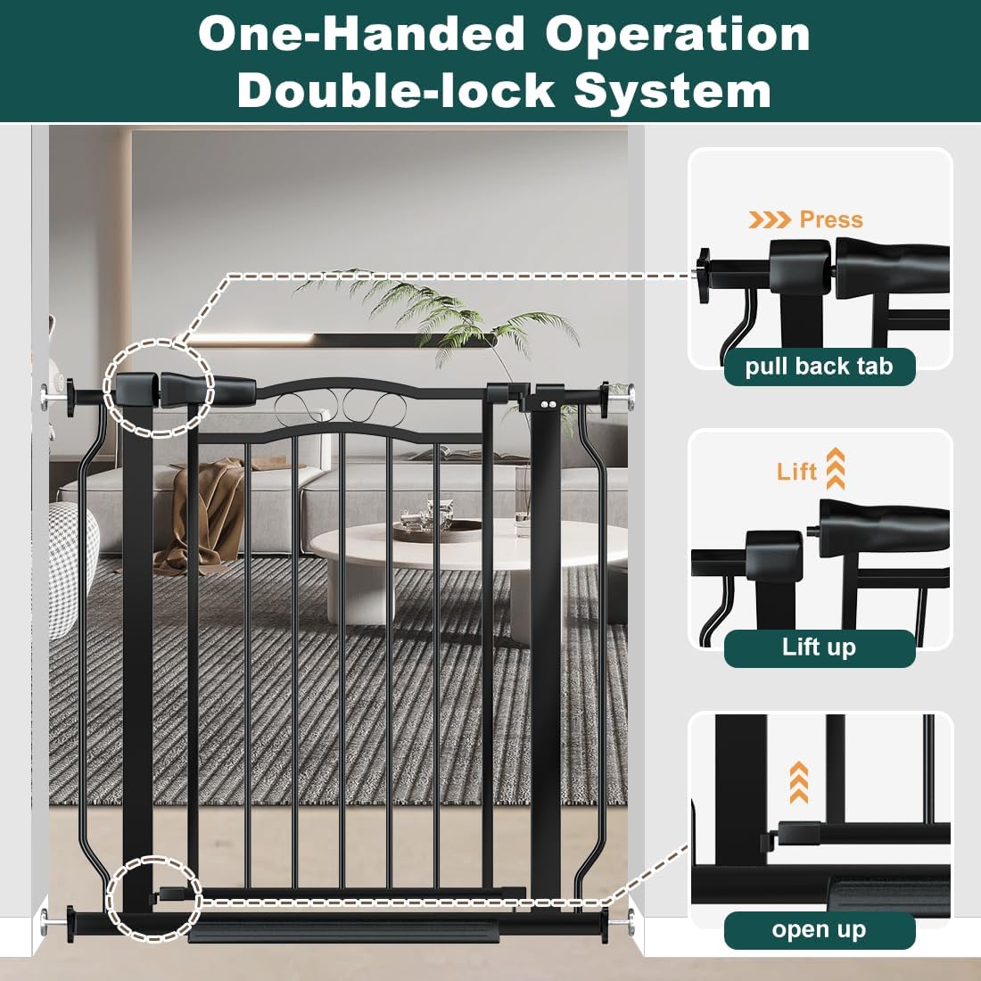 29.53"-43.30" Mornyray Auto-Close Baby Gate Extra Wide, Pressure Mounted Dog & Pet Gate for Stairs Doorways, No Drill Safety Barrier with Lace Design, Metal Child Proof Gate Indoor Outdoor, Black