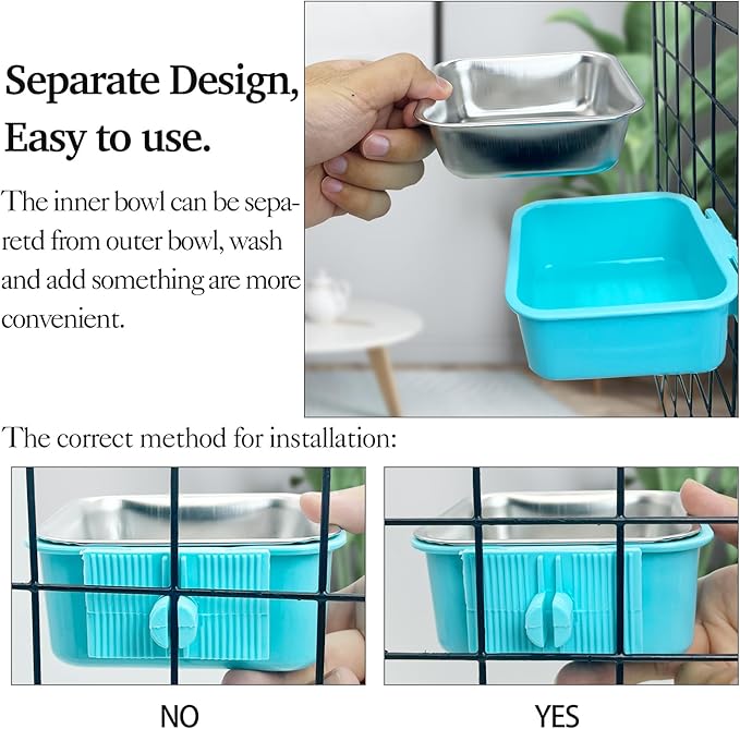 kathson Crate Dog Bowl, Removable Stainless Steel Hanging Pet Kennel Cage Bowl Food & Water Feeder Coop Cup for Puppy, Cat, Rabbit, Guinea Pigs 2pcs Small Square(Blue, Green)