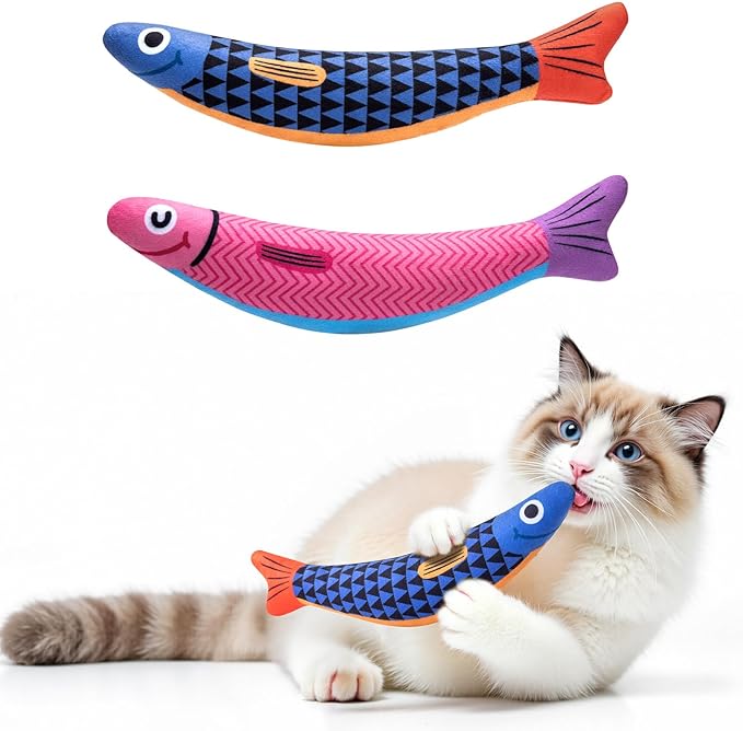 Cat Toys with[5000mg A+Natural Catnip &Silvervine] [Baby Grade] Interactive Soft Chew Kicker Cat Toys for Indoor Cats & Kittens, [Crinkle &Bell] Fish Sound Toy, Drives Bored Cat Crazy with Fun