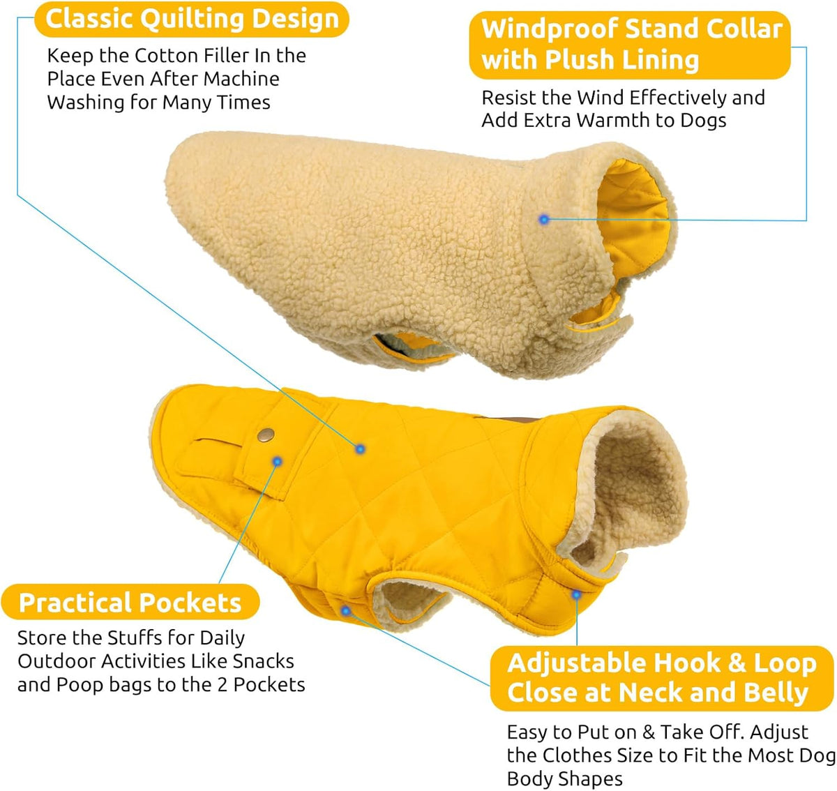 Queenmore Dog Winter Coat Warm Puffer Jacket Waterproof Plush Lining Thermal Cold Weather Vest for Small Medium Large Dogs, Windproof Easy On Pet Jacket Yellow XS
