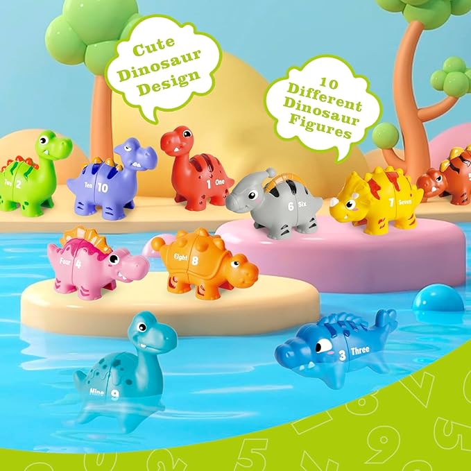 20 PCS Dinosaur Number Learning Toys for Toddlers Kids 3-5, 10 Different Dinosaur Figures, Double Sided Number Matching Game, Preschool Activities Montessori Fine Motor Toys for Toddlers Kids