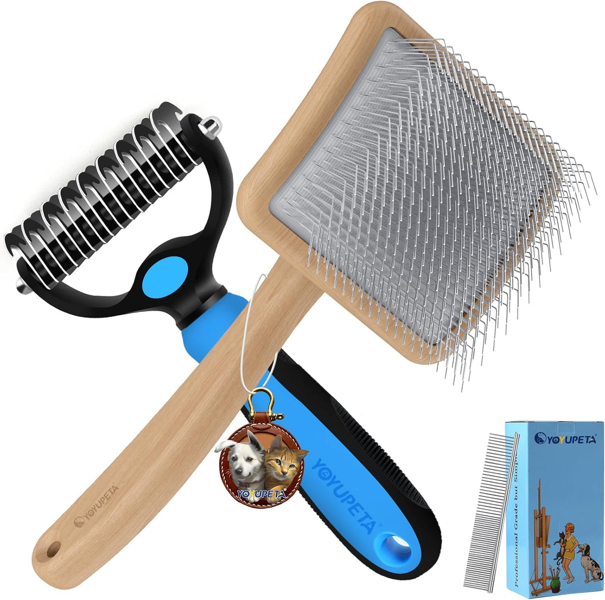 Large Slicker Brush for Dogs - 3PC Pet Grooming Kit - Undercoat Rake & Stainless Comb | Long Pins Remove Mats on Poodles, Golden, Labradoodles | Thick Coat Deshedder for Dogs, Cats, Oak