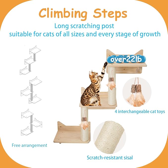 Wall-Mounted Cat Shelves for Large Cats – 9-Piece Pine Wood Cat Furniture with Scratching Posts, Ladder & House – Indoor Modern Climbing Wall Gym for Cats