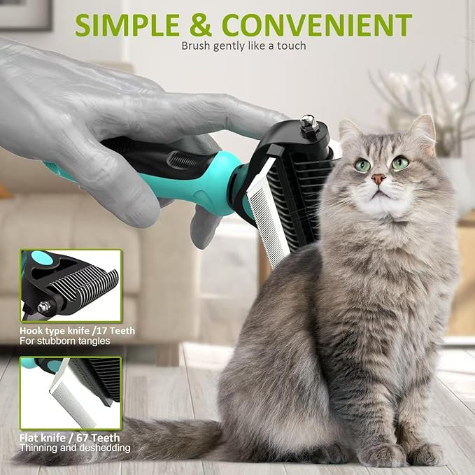 Spring Blossoms-2 in 1 Professional Grooming Rake for Cats & Dogs-Dematting Comb for Easy Mats & Tangles Removing,Pet Brush Safe No More Nasty Shedding and Flying Hair (Cyan)