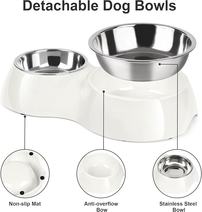 Double Dog Bowls Set – Non-Slip Pet Food & Water Dishes with Resin Stand, Includes Small (1 Cup) & Medium (2 Cups) Bowls – Ideal for Puppies, Cats, and Medium Dogs – White