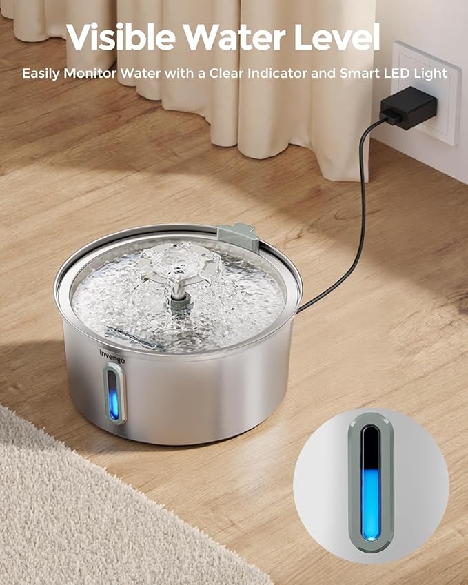 Cat Water Fountain Stainless Steel 3.2L/108oz, Invengo Automatic Pet Fountain for Cats & Dogs, Ultra Quiet <25 dB Pump, Includes 4 Replacement Filters & Sponges, LED Water Level Window, Easy to Clean