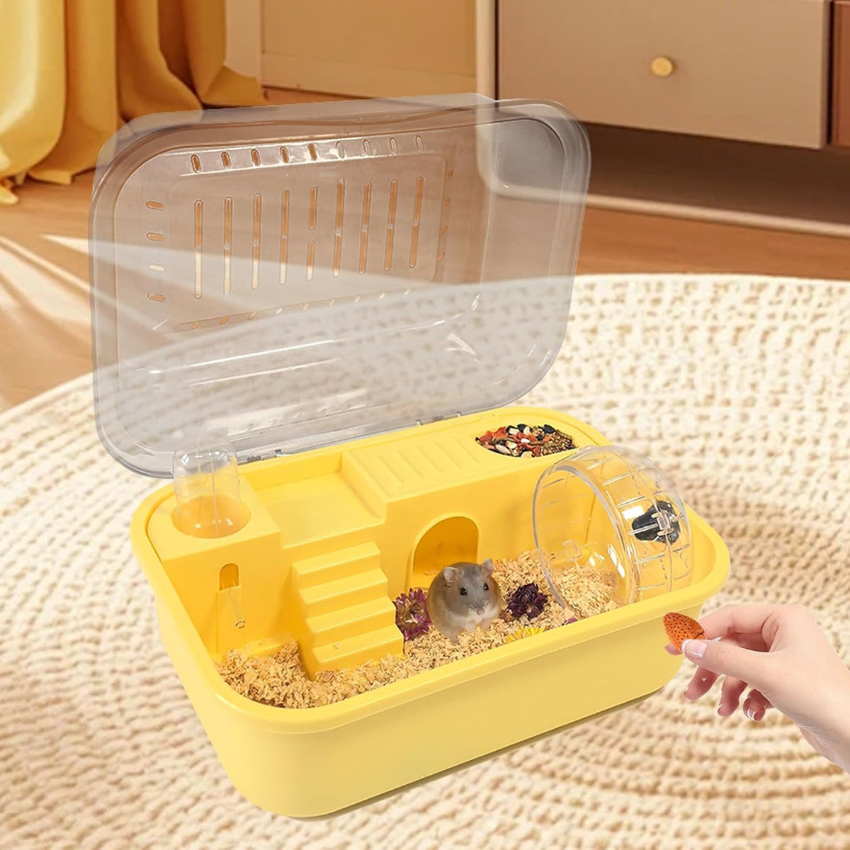 Hamiledyi Small Hamster Cage Clear Plastic Hamster Cage Portable Carrier with Water Bottle Exercise Wheel Bathtub Box Set Toy for Dwarf Baby Hamster (Yellow)