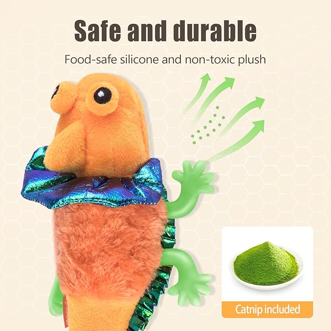 Migipaws Cat Toys, Touch Activated Flapping Chirping Lizard Kitten Toy with Catnip for Indoor Cats Kicker, Rechargeable (Orange)