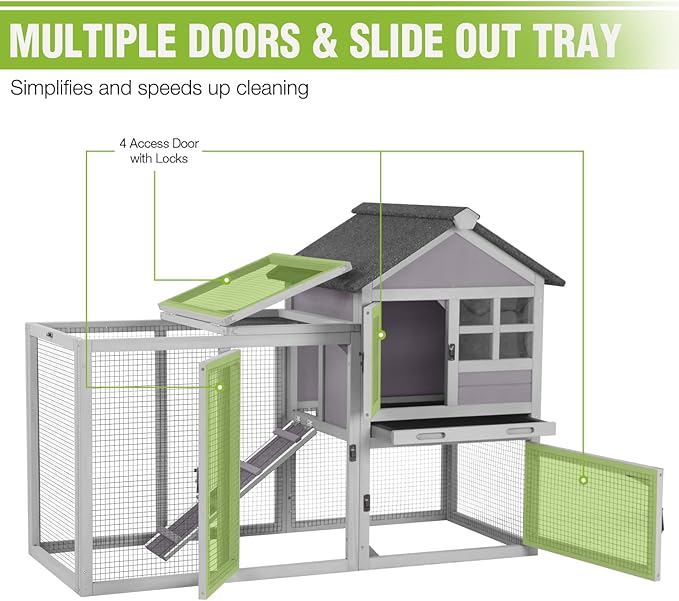 GUTINNEEN Large Rabbit Hutch Outdoor 2-Level Wooden Chicken Coop Indoor Weatherproof Bunny Cage Guinea Pig House with Waterproof Roof, Leak-Proof Pull Out Tray, Lockable Door for Small Animals (Grey)