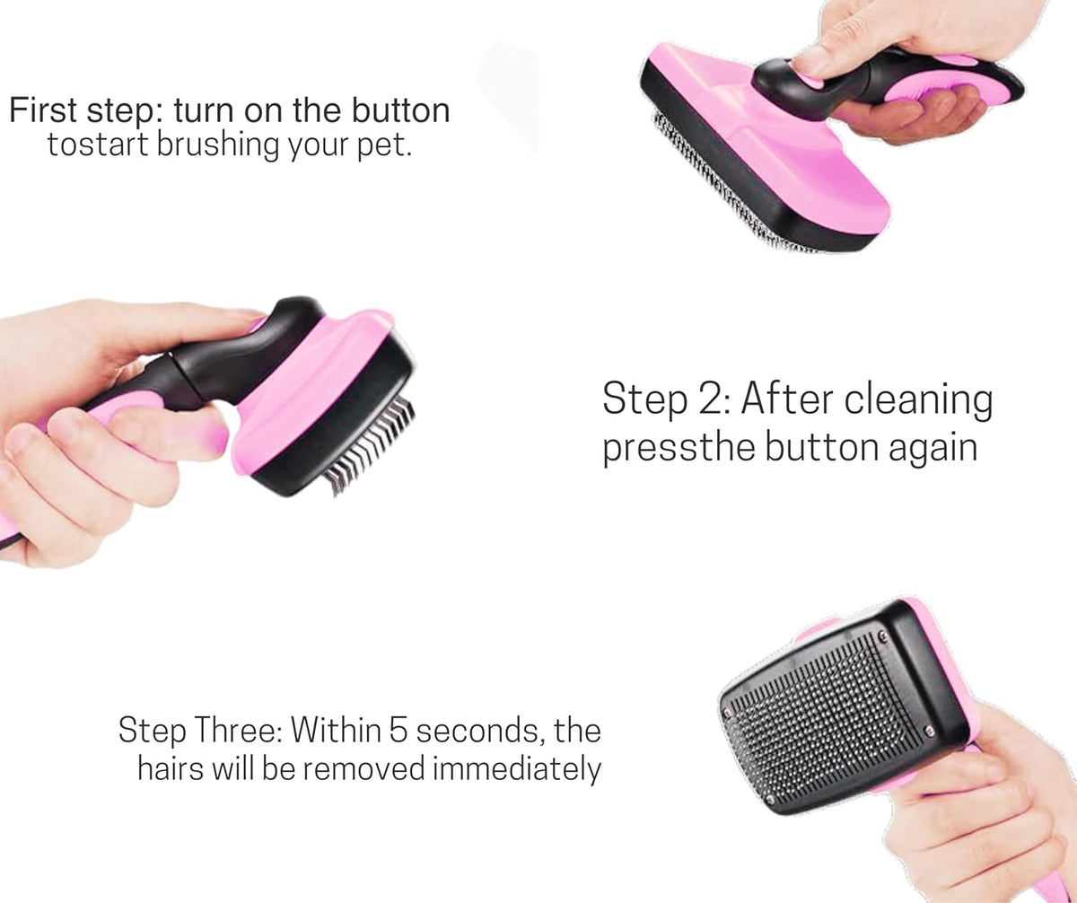 3-in 1 Dog & Cat Grooming Supplies- Self-cleaning Slicker Brush, Deshedding Rake Comb, And Finger Toothbrush For Dogs & Cats | Perfect For Pet Grooming Kit, Dematting And Dental Tool (pink)