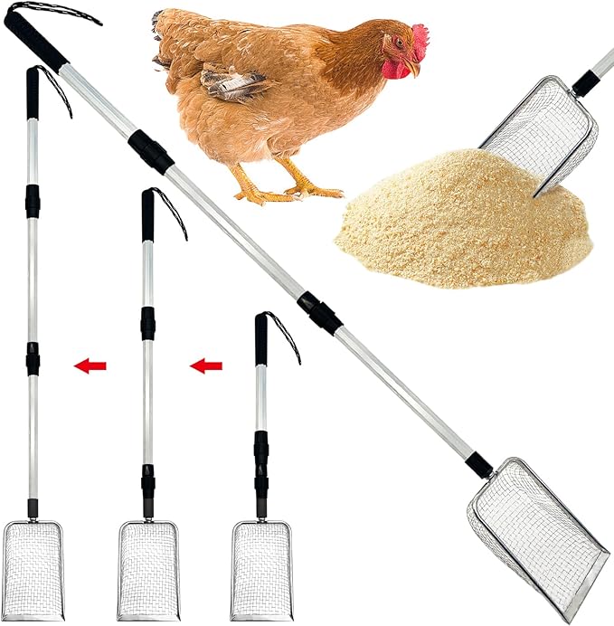 PINVNBY Stainless Steel Chicken Poop Scooper 3 in 1 Adjustable Long Handle Poop Scooper for Chicken(22.3" to 47.6") Multifunctional Chicken Coop Cleaning Tools Sifting Shovel Chicken Coop Accessories