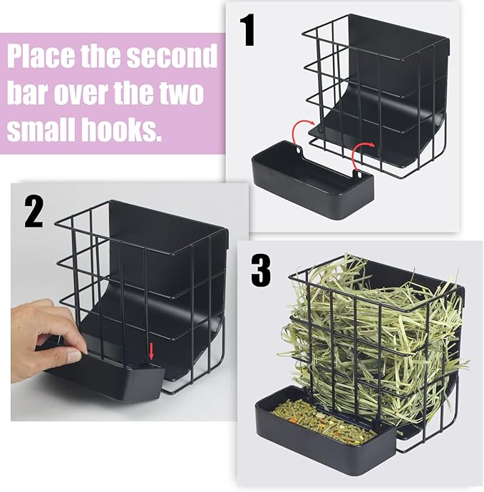 Rabbit Hay Feeder Guinea Pig Hay Feeder, Hay and Food Holder with Hook Heavy-Duty Metal Frame Hay Rack，for Bunny, Guinea Pigs,Chinchillas， Comes with Two Multifunctional Zippers-6.8x6.7x6.6inch