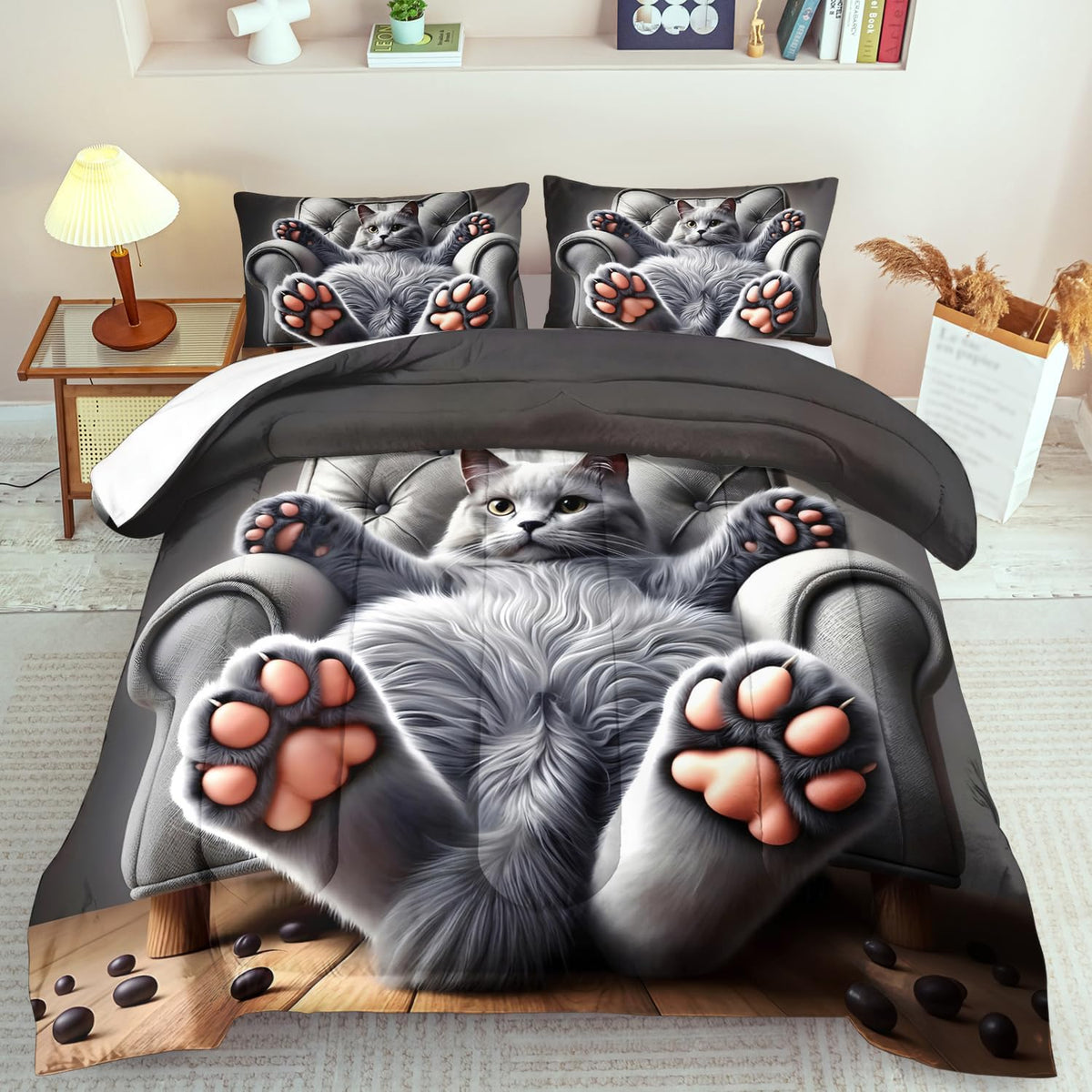 Cute Cat Comforter Set Twin,Grey Kawaii Cat Bedding Set Adult,Cute Animal Comforter for Boy,American Shorthair Bedding Grey,Kawaii Animal Print Quilt Bedroom Decor Kids