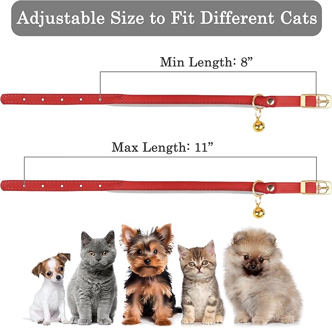 OOPSDOGGY Rolled Leather Cat Collar with Bell - Reflective Kitten Collar with Safety Elastic Strap - Adjustable Small Pet Collars for Boy Girl Cats (Red)