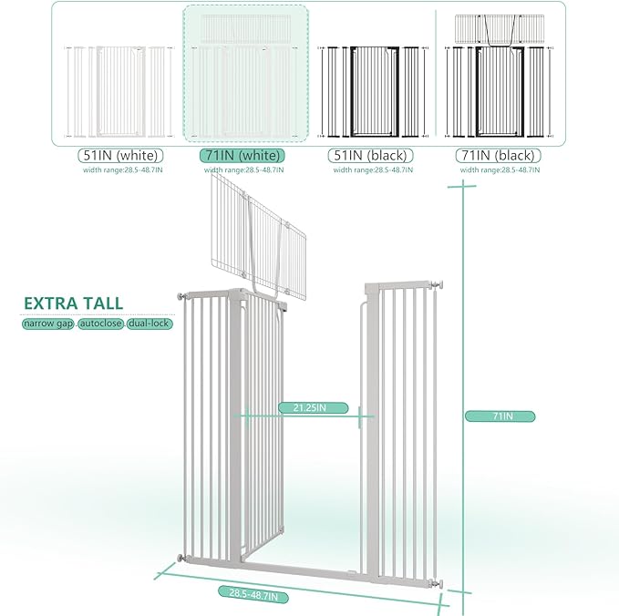 71" Extra Tall Cat Gate for Doorway – 28.5"-48.7" Extra Wide Pet Gate with Adjustable Cat Door Wide,Auto Close, Pressure Mounted, Pet Gate for Cats & Small Dogs, Hallway, Stairs, Kitchen