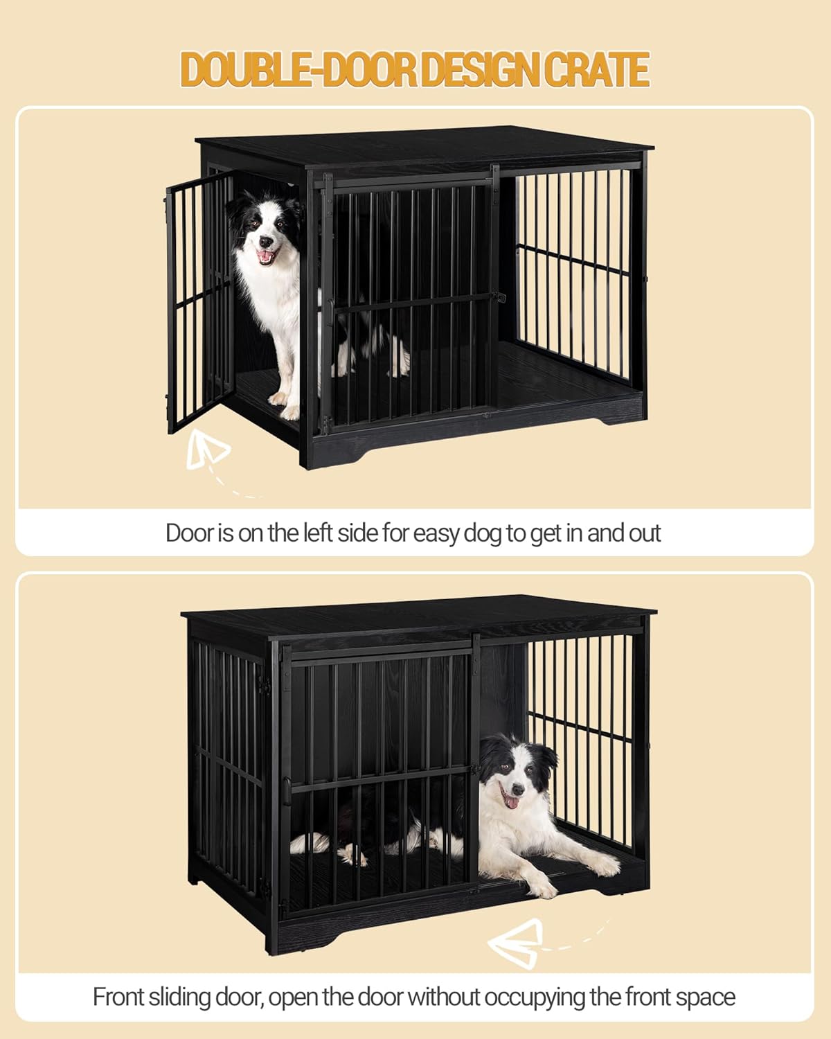 XL Large Dog Crate Furniture, 44.1" Indoor Dog Kennel Furniture with Barn Door, Wooden Tall Dog Crate, Heavy Duty Dog Cage for Large Dogs, Side End Table, Anti-Chew, Black DFC80104B