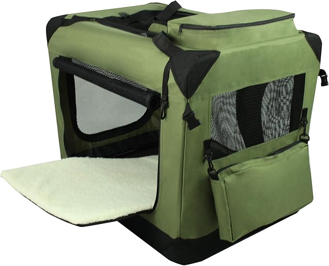 EliteField 3-Door Folding Soft Dog Crate with Carrying Bag and Fleece Bed (2 Year Warranty), Indoor & Outdoor Pet Home (42" L x 28" W x 32" H, Sage Green)