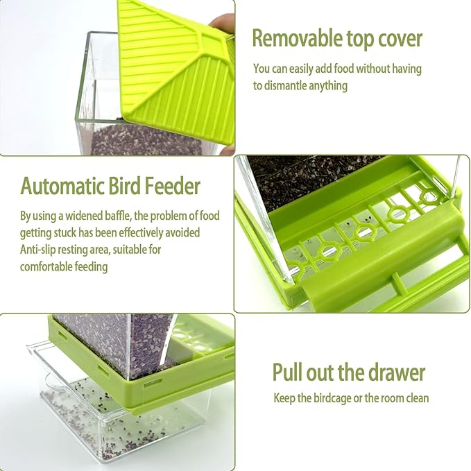 No Mess Bird Feeder Water Dispenser Set, Automatic Parrot Feeder for Cage Transparent Acrylic Food Container Drinker Cage Accessories Parakeet Cockatiel Lovebird Finch (Green)
