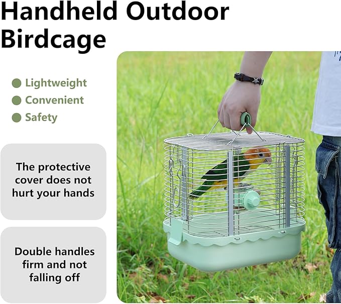 Bird Carrier Travel Cage, Durable Portable Stainless Steel Birdcage with Bird Perch & Feeding Bowl for Parrots Canaries Budgies Lovebirds Conures Cockatiels (Small Light Green)