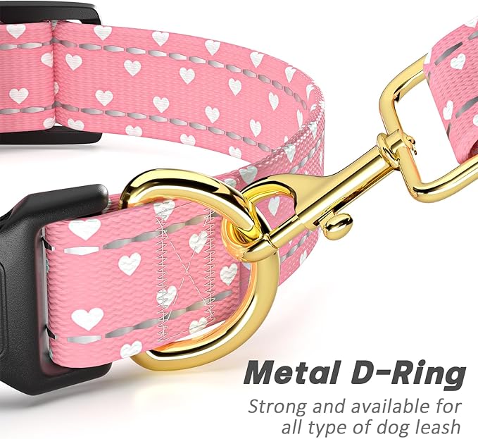 Reflective Dog Collar for Large Dogs, Cute Adjustable Heavy-Duty Nylon Puppy Collars for Boy and Girl Female, Soft Pet Accessories with Quick Release Buckle, Neck 16-24", Pink Hearts