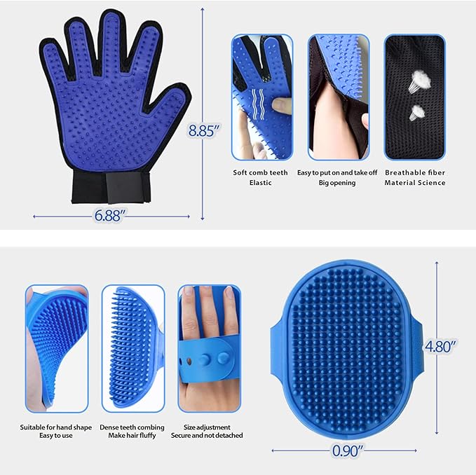 Cat & Dog Grooming Gloves - Deshedding Brush for Shedding, Gentle Pet Hair Remover & Massage Gloves for Cats, Dogs, All Fur Types (1 Brush +1 Pair Gloves)