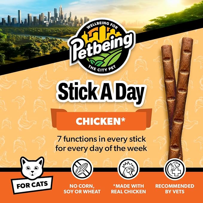 Stick a Day | Specially Formulated 7-in-1 Functions Daily Real Meat Supplement for Cats | Cat Chew Stick & Pet Vitamins Supplements Combination (7-Pack x 4, Chicken)