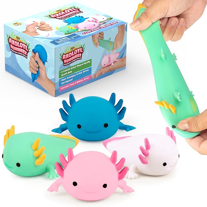 YoYa Toys Squisheez Axolotl 4Pack - Mini Squishy Animal Toys for Stress Relief - Fun and Cute Toys for Kids and Adults - Kawaii Squishies in Pink, White, Green, and Blue