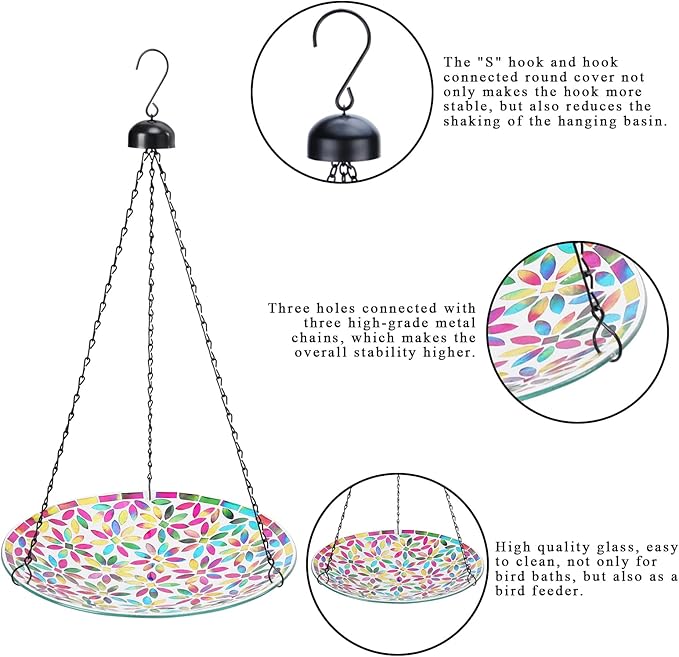 VCUTEKA Hanging Bird Bath, Glass Mosaic Bird Baths for Outdoors Birdfeeder with 21 inch Rust-Proof Chain for Garden Yard Decor