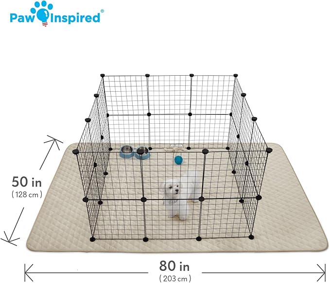 Paw Inspired Playpen Mat, Super Absorbent Fleece Cage Liner with Non-Slip Bottom, Waterproof Pet Play Pen Pad for Dogs, Rabbits, Guinea Pigs, Hamsters, Small Animals (Tan, 80x50 Inch Rectangular)