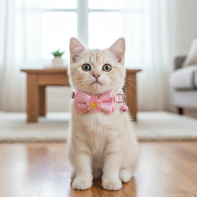 Larrel 2 Pcs Pink Cat Collar Bow, Adjustable Comfortable Pearl Cat Collar with Bow Cute Collars for Girl Cats Breakaway Kitten Accessories with Safety Buckle for Preventing Cats from Get Lost