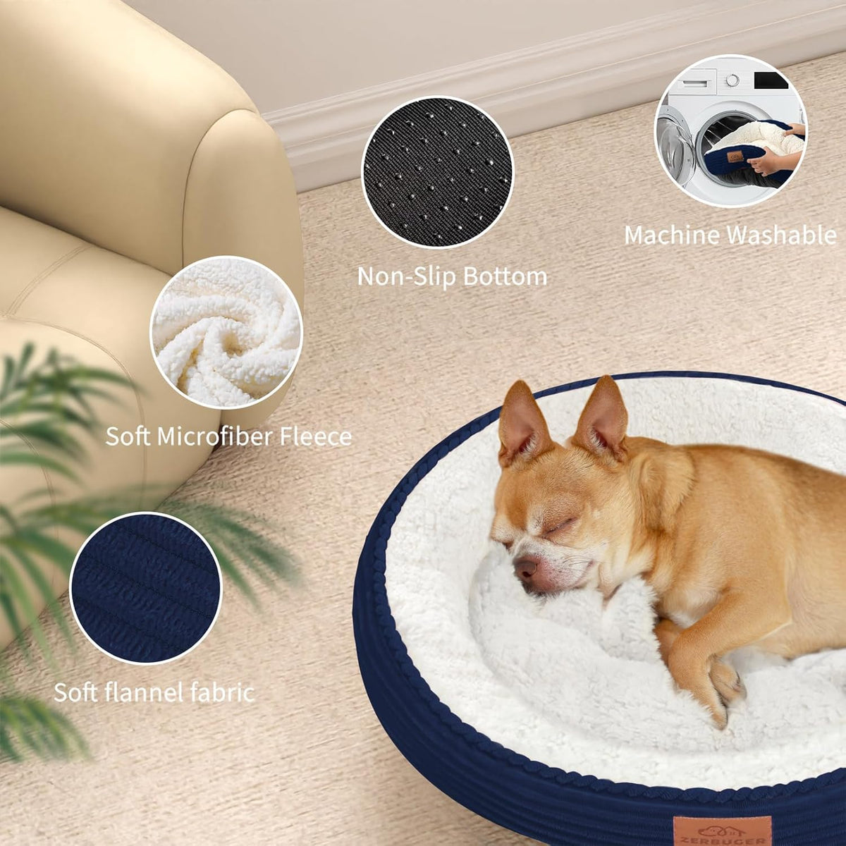 30in Dog Bed Sofa for Small/Medium/Large Dogs, Machine Washable Supportive Foam Pet Couch with Washable Removable Mat and Non-Slip Bottom, Pet Cuddler for Indoor/Outdoor/Car/Cage, Navy Blue
