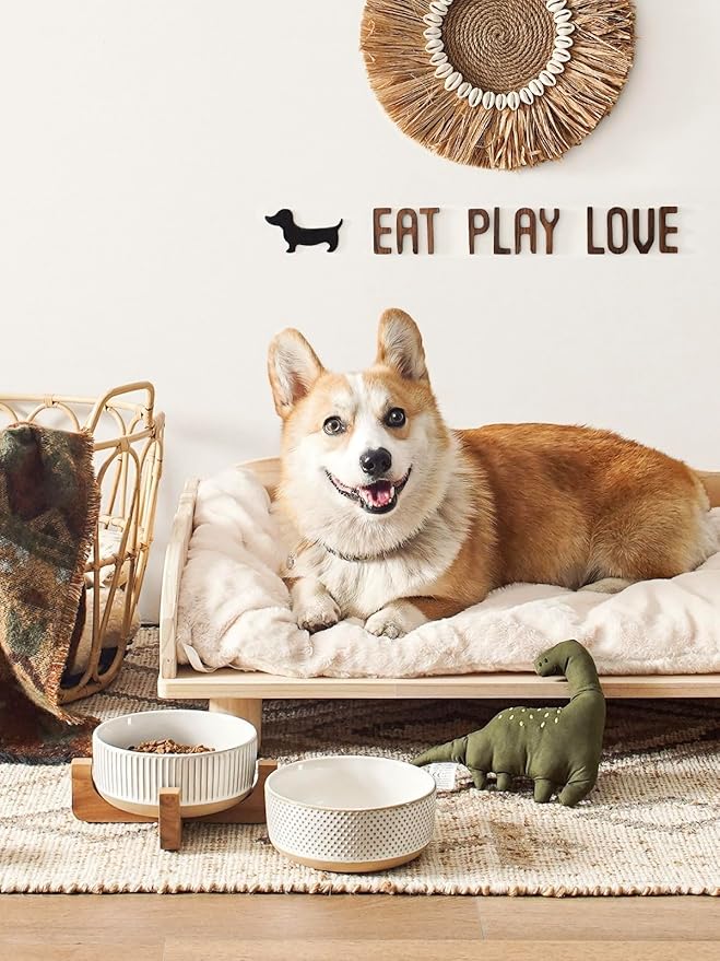 Ceramic Dog Bowls for Medium Small Dogs - 4 Cup Medium Dog Food and Water Bowls with Wood Stand, Cute Pet Dishes Set of 2, Lines+Dot